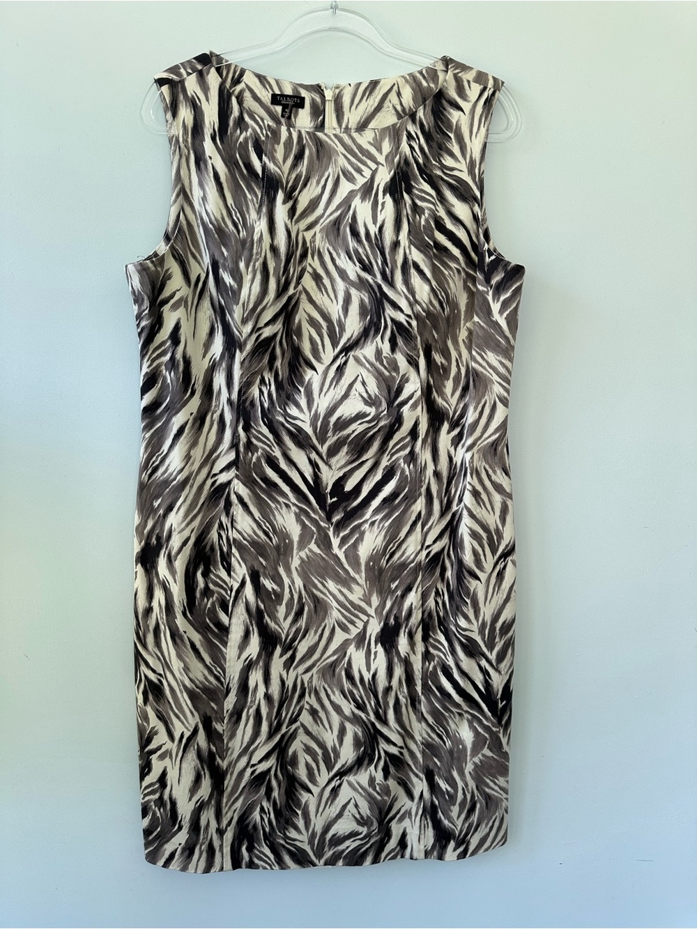 Talbots Black White Feather Like Design Sleeveless Lined Dress 16